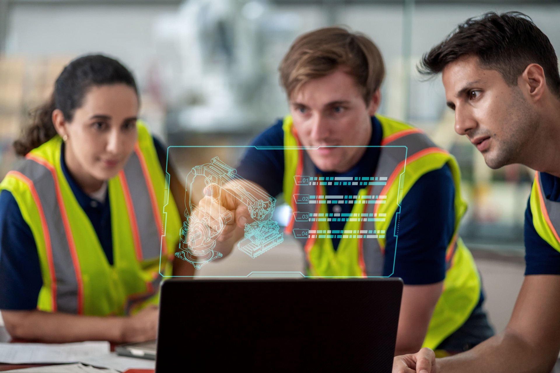 A group of engineers gather in a modern meeting room to discuss the design of a robotic arm. They analyze computer graphic information displayed on a screen, showcasing the robotic arm model. Collaborative effort involved in advancing technology